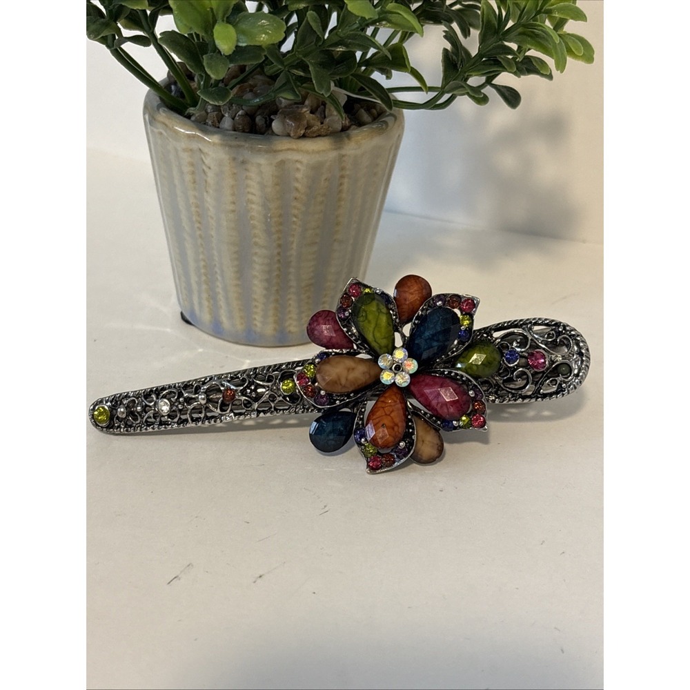 Large Vintage Hair Clip With Multi Color Jewels 5" Ornate Silver Tone